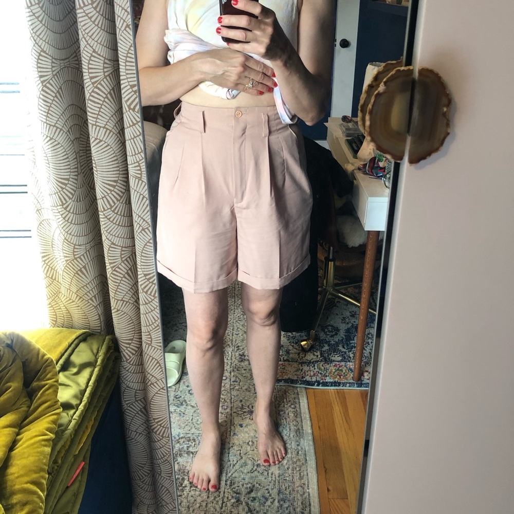 Vintage Beige, Muted Pink Bermudas with High Waist — pleated, mom fit